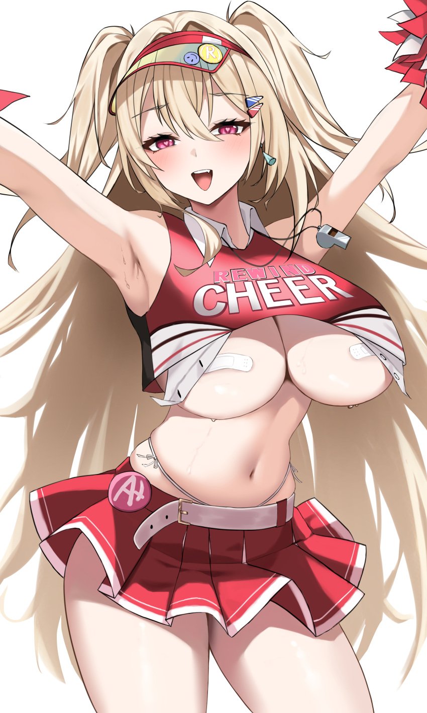 1girls artist_request blonde_hair breasts cheerleader cheerleader_uniform clay_(nikke) female goddess_of_victory:_nikke hi_res huge_breasts light-skinned_female light_skin long_hair naughty_face red_eyes simple_background smile thighs underboob