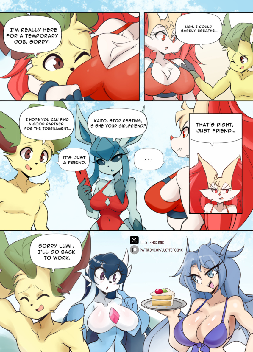 big_breasts bikini braixen bray_(lucyfercomic) breasts cleavage eeveelution female furry glaceon kaito_(inarifox) leafeon lucyfercomic pokemon pokemon_(species) tagme thick_thighs wide_hips