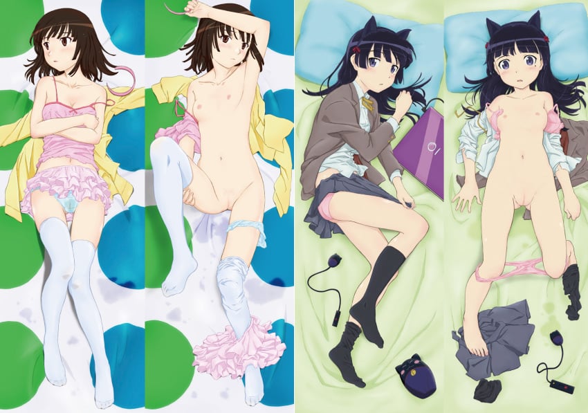 animal_ears bakemonogatari barefoot black_hair blue_panties bra brown_eyes brown_hair cat_ears dakimakura egg_vibrator feet gokou_ruri hanazawa_kana highres khui mole monogatari_(series) multiple_girls nipples nisemonogatari no_shoes ore_no_imouto_ga_konna_ni_kawaii_wake_ga_nai panties panties_around_leg panties_around_one_leg panty_pull pink_bra pink_panties purple_eyes pussy pussy_juice school_uniform sengoku_nadeko skirt sleeves_pushed_up thighhighs uncensored underwear undressing vibrator voice_actor_connection wet_panties white_legwear