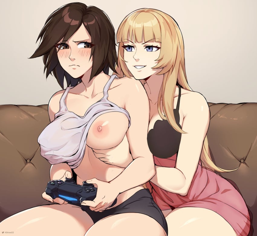 2girls allen_skies bare_shoulders blush breasts brown_eyes brown_hair cleavage controller emilie_de_rochefort game_controller gamepad grabbing grabbing_another's_breast grabbing_from_behind groping hand_under_clothes highres holding holding_controller holding_game_controller kazama_asuka large_breasts long_hair molestation multiple_girls namco navel nipple_stimulation nipple_tweak nipples one_breast_out open_mouth playstation_controller short_hair tank_top tekken tomboy yuri