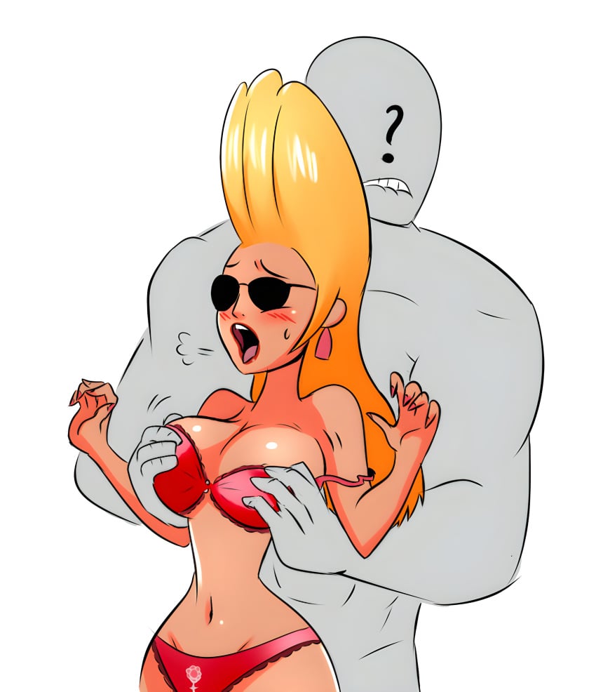 blonde_female blonde_hair blush boobs cartoon_network color gender_transformation genderswap_(mtf) grabbing_from_behind hand_on_breast jenny_bravo johnny_bravo_(series) lipstick rule_63 sunbathing sunglasses swimsuit themightfenek tinted_eyewear touching_breast