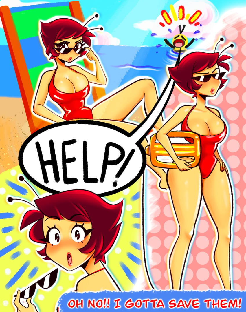 beach bee beeronica beeronica_(character) breasts leotard lifeguard voluptuous voluptuous_female