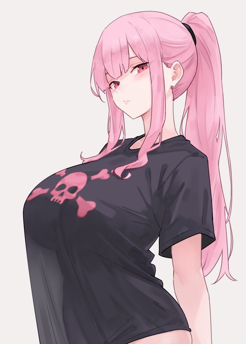 1girls bluefield breasts female hololive hololive_english hololive_myth huge_breasts light-skinned_female light_skin long_hair mori_calliope pink_eyes pink_hair ponytail shirt_overhang t-shirt virtual_youtuber