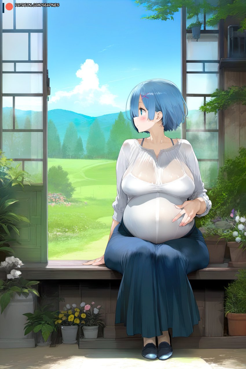 ai_generated bangs blue_eyes blue_hair blue_skirt blue_sky blush bra bra_visible_through_clothes breasts cleavage clothing cloud day female female_only flower flower_pot footwear full_body fully_clothed garden hair_ornament hair_over_one_eye hairclip high_resolution house indoors jewelry large_breasts large_filesize long_skirt looking_at_viewer outdoors plant potted_plant pregnant pregnant_female re:zero_kara_hajimeru_isekai_seikatsu rem_(re:zero) ring seapine see-through shirt short_hair sitting skirt sky solo tree underwear very_high_resolution wet wet_clothes white_shirt wholesome window x_hair_ornament