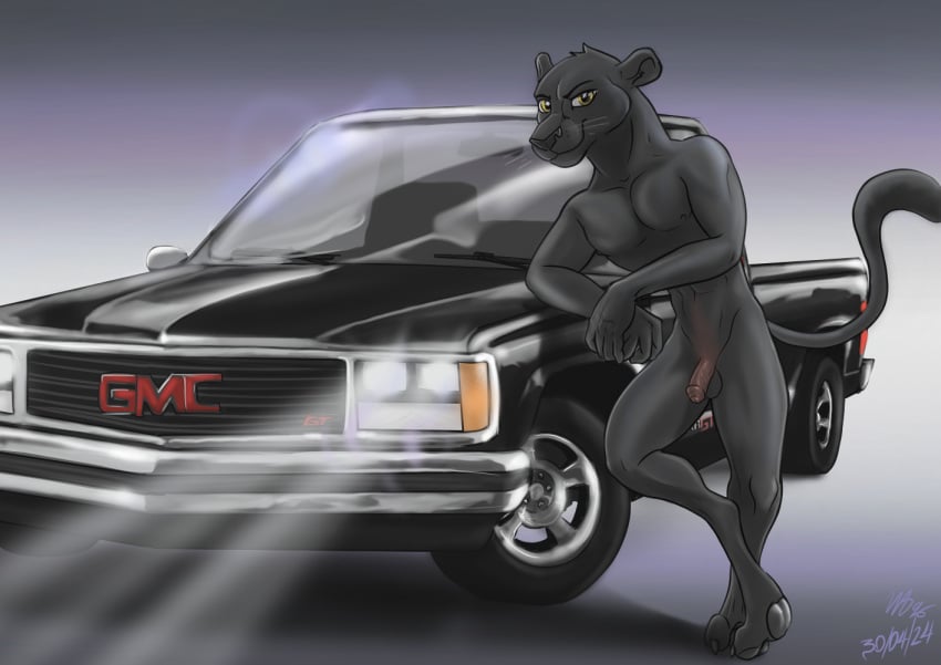 black_body black_fur brown_eyes felid foreskin fur genitals gmc humanoid_genitalia light_truck male mammal nude pantherine penis pose retro simple_background smile smiling_at_viewer solo tail truck_(vehicle) vehicle wolfyalex96