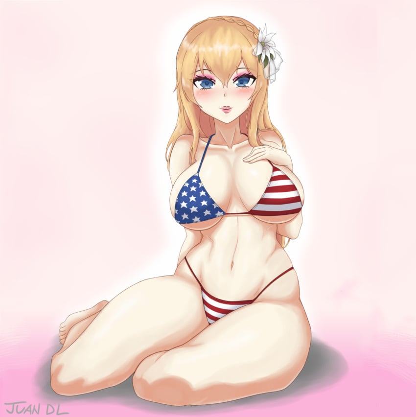 1girls american_flag_bikini bikini bimbo bimbofication blonde_hair blue_eyes crown_braid female female_only flower_in_hair girls'_frontline juan_de_lata light-skinned_female light_skin looking_at_viewer makeup mosin-nagant_(girls'_frontline) smile smiling smiling_at_viewer