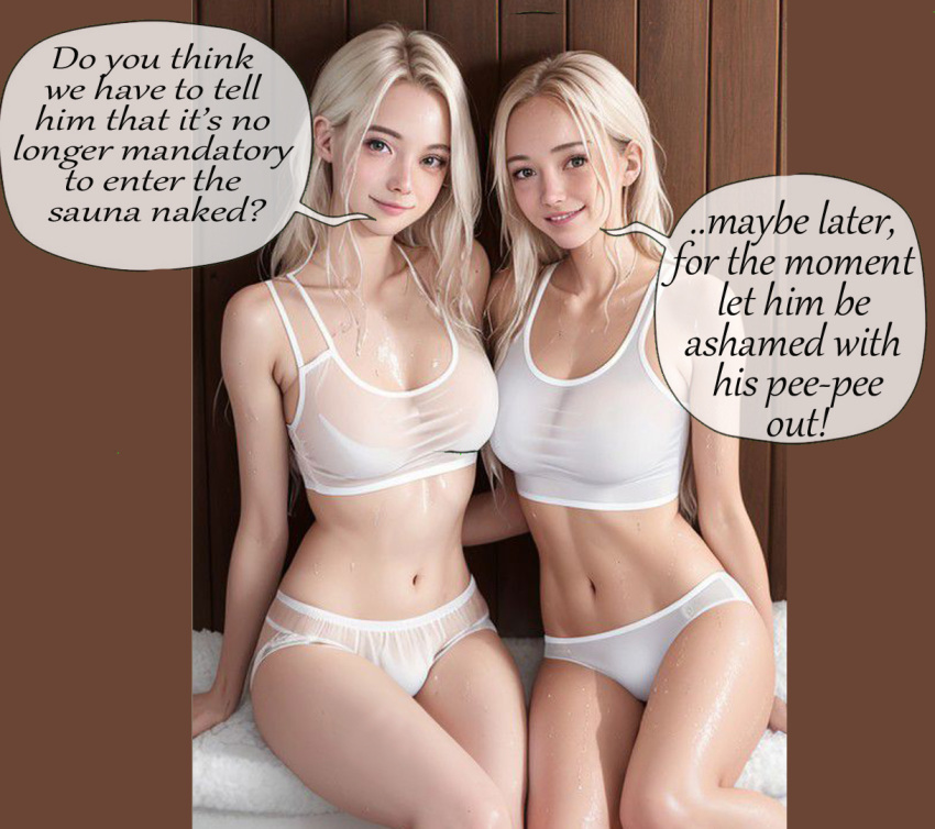 2girls ai_generated anipit ashamed blonde_hair caption captions cfnm clothed_female_nude_male embarassed english_text female femdom grin looking_at_penis looking_at_viewer penis_exposed sauna seductive_look seductive_smile see-through size_comparison small_penis small_penis_humiliation speech_bubble sph talking_to_another text tiny_penis wet_body white_lingerie wooden_wall