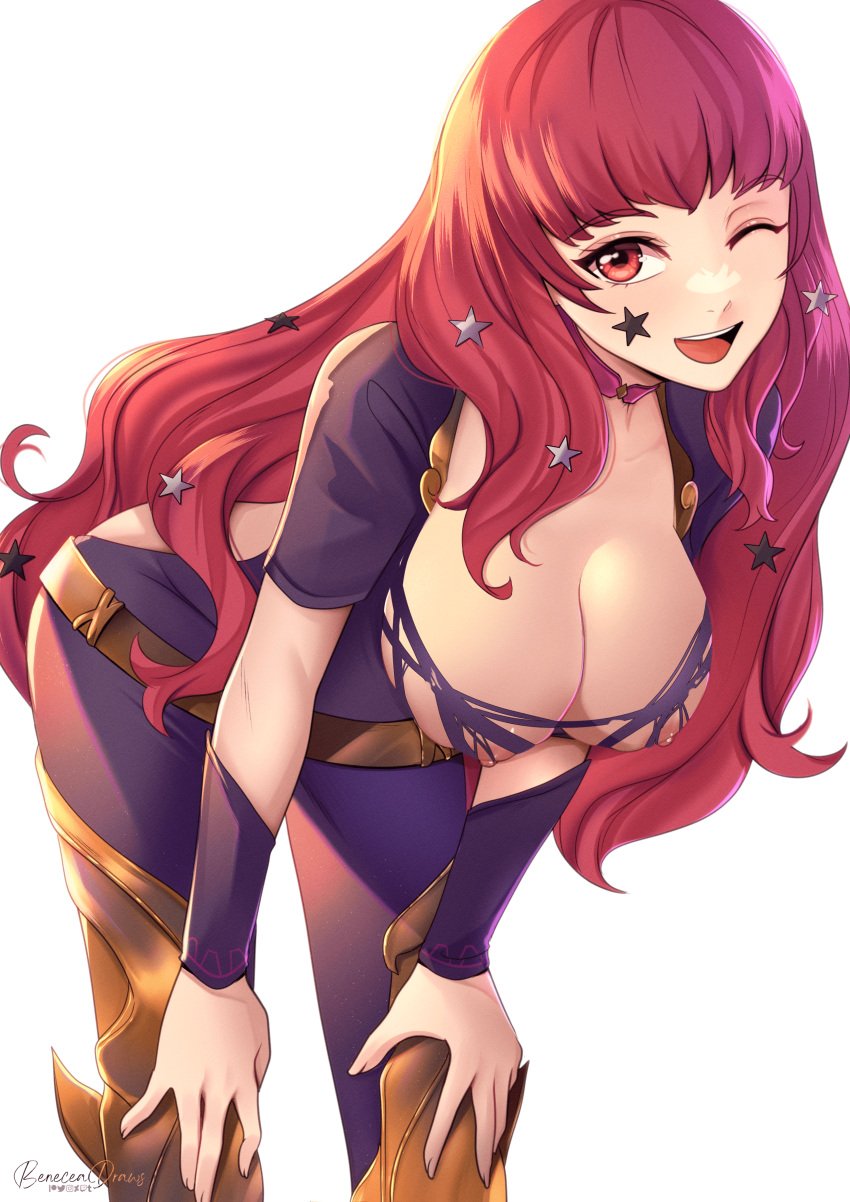 1girls absurdres black_bodysuit bodysuit breasts cleavage facial_mark female female_only fire_emblem fire_emblem_engage hair_ornament hands_on_own_knees highres leaning_forward long_hair medium_breasts nintendo nipples one_eye_closed open_mouth pixie_(pixieinktvis) red_eyes red_hair smile solo star_(symbol) star_facial_mark star_hair_ornament torn_clothes upper_body watermark wavy_hair white_background yunaka_(fire_emblem)