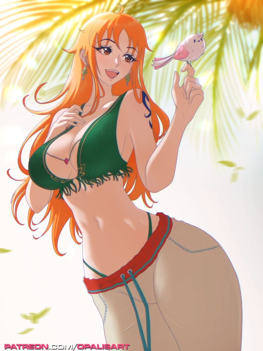 1girls bare_arms bare_shoulders big_breasts blush clothed clothing color female female_focus female_only hi_res large_breasts light-skinned_female light_skin long_hair looking_at_viewer nami nami_(one_piece) one_piece opalisart orange_eyes orange_hair post-timeskip shounen_jump solo solo_female tagme thick_thighs