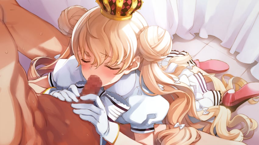 blonde_hair blush censored closed_eyes crown double_bun eiyuu_senki fellatio game_cg gloves high_heels king_arthur_(eiyuu_senki) long_hair mosaic_censoring ooyari_ashito open_mouth oral penis