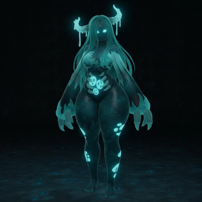 3d ai_generated artist_request black_skin cyan_eyes cyan_hair female horns huge_legs long_hair minecraft monster_girl r63 rule_63 warden_(minecraft) warden_woman_(minecraft)