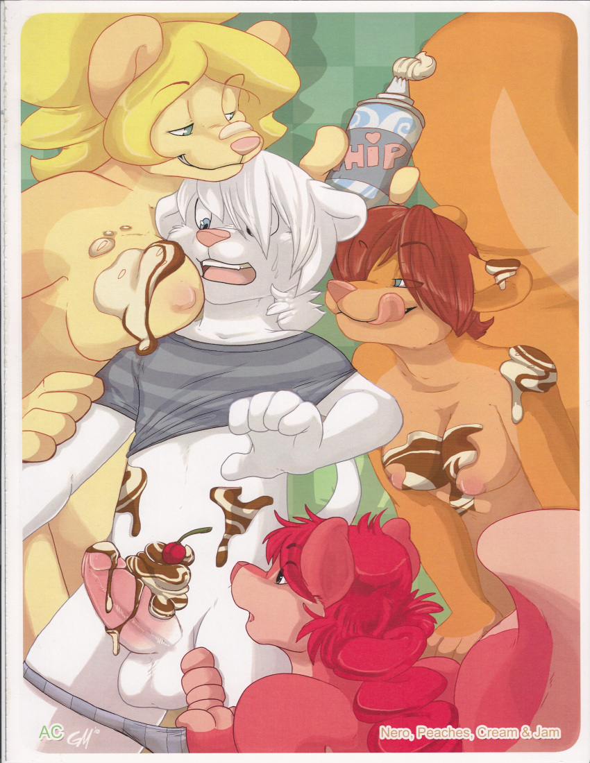 anthro breasts cherry chocolate cool_whip cream_(miu) feline female foursome fur furry ice_cream interspecies jam_(miu) lion male messy miu nero(furry) nude peaches_(miu) penis rodent straight