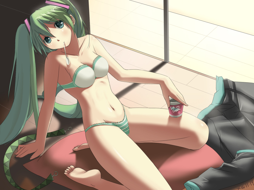 arm_support bad_anatomy barefoot bra breasts cleavage error feet food green_bra green_eyes green_hair green_panties hatsune_miku highres ice_cream lingerie long_hair mouth_hold panties shimapan spoon striped striped_panties tied_hair twintails underwear very_long_hair vocaloid white_bra yykuaixian