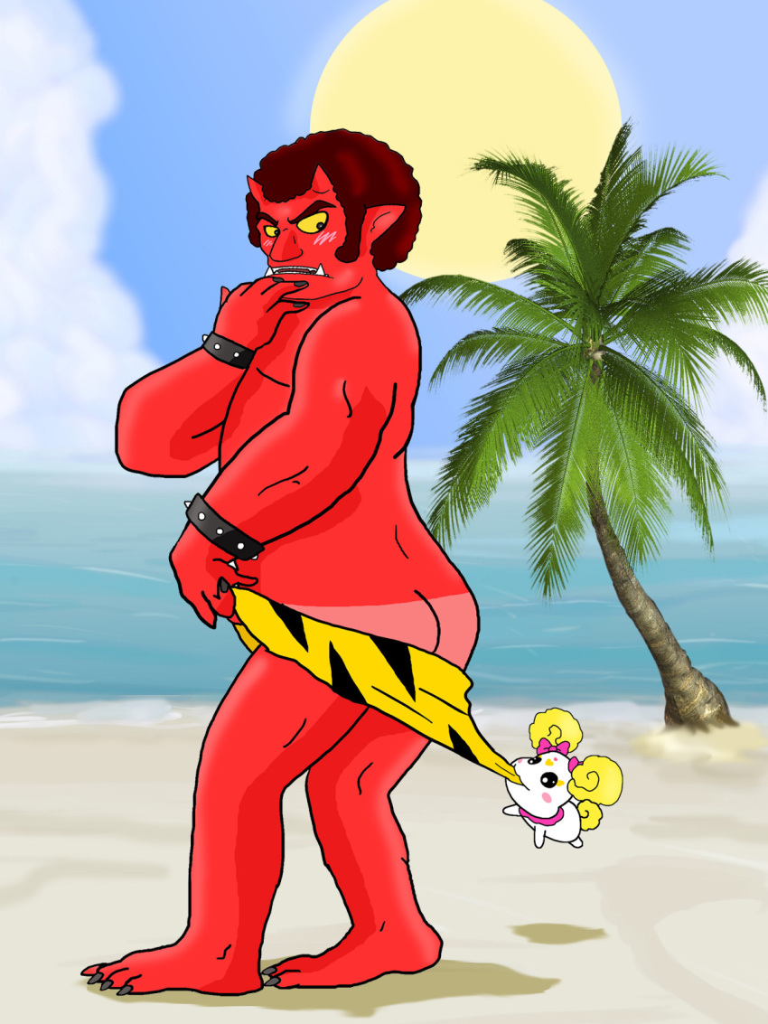 1boy afro akaoni ass ass_cleavage beach blush butt_crack candy clothing coppertone fairy fangs horns humor male male_only mycrunchycookie parody pointy_ears pretty_cure red_oni red_skin smile_precure tanline trunks