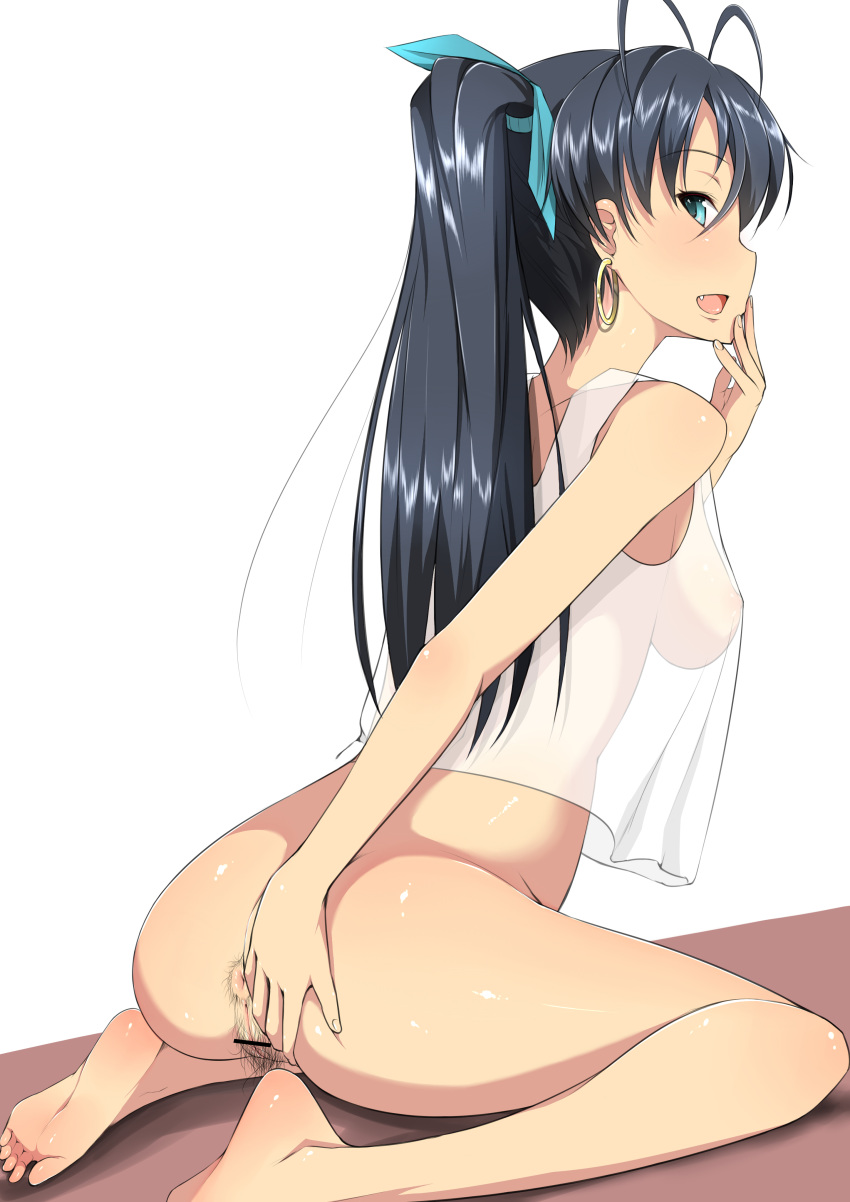 1girls 94plum anal_hair antenna_hair anus barefoot black_hair blue_eyes breasts camisole censored cute_fang earrings feet female female_anus_hair female_only from_behind ganaha_hibiki hair high_resolution hoop_earrings idolmaster jewelry kneeling looking_at_viewer nipples no_bra no_panties open_mouth ponytail pubic_hair pull pussy see-through smile soles solo toes