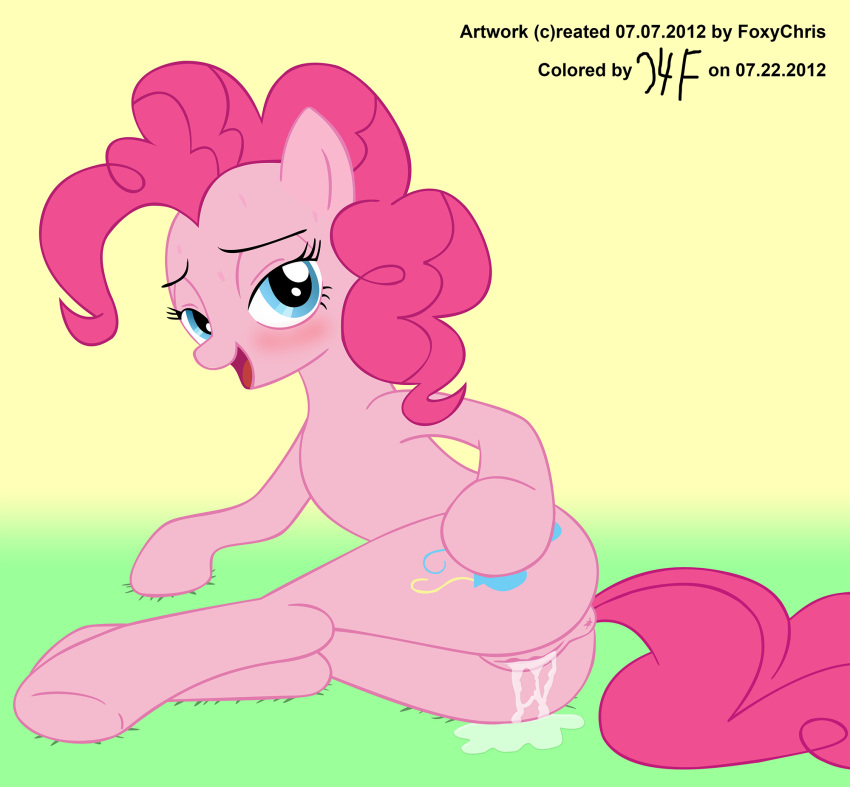 2012 after_sex ass cum equine female foxychris friendship_is_magic just4fun looking_at_viewer my_little_pony pinkie_pie_(mlp) pussy straight_hair sweat vaginal_penetration