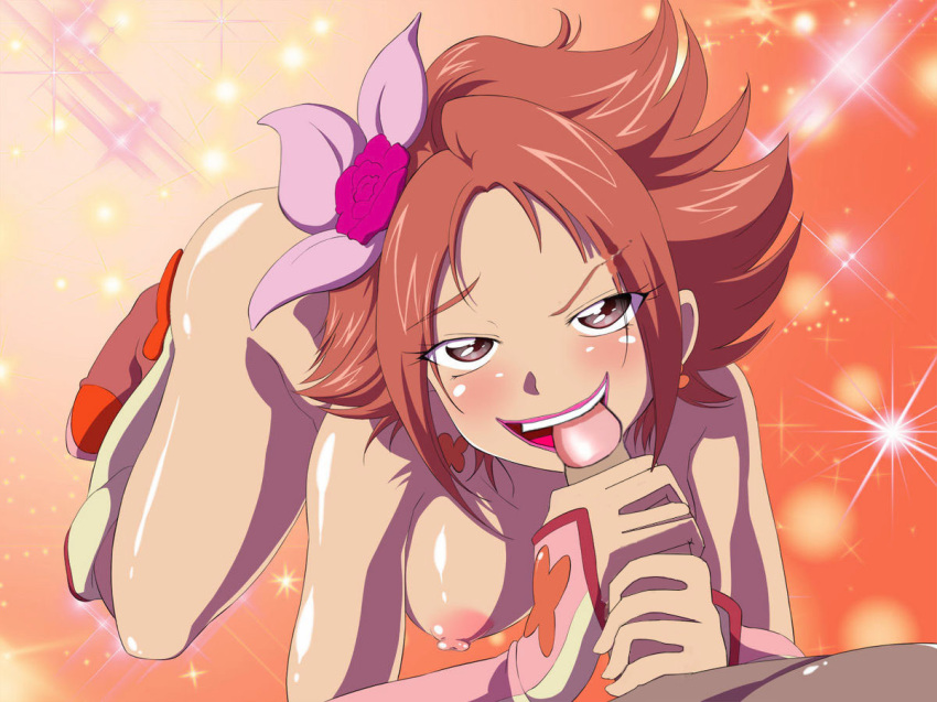 1boy 1girls atelier_gons breasts brown_hair cure_rouge fellatio hair hair_flower hair_ornament handjob holding_penis licking lipstick looking_at_viewer magical_girl medium_breasts natsuki_rin naughty_face nipples nude open_mouth oral oral_sex penis pink_lipstick playing_skinflute pov pov_crotch precure pretty_cure rin_natsuki short_hair smile teeth tongue two-handed_handjob uncensored unseen_male_face yes!_precure_5