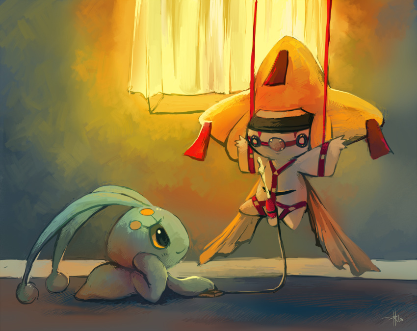 2010 ball_gag blindfold bondage bound gag jirachi male manaphy pokemon pokemon_(species) purplekecleon