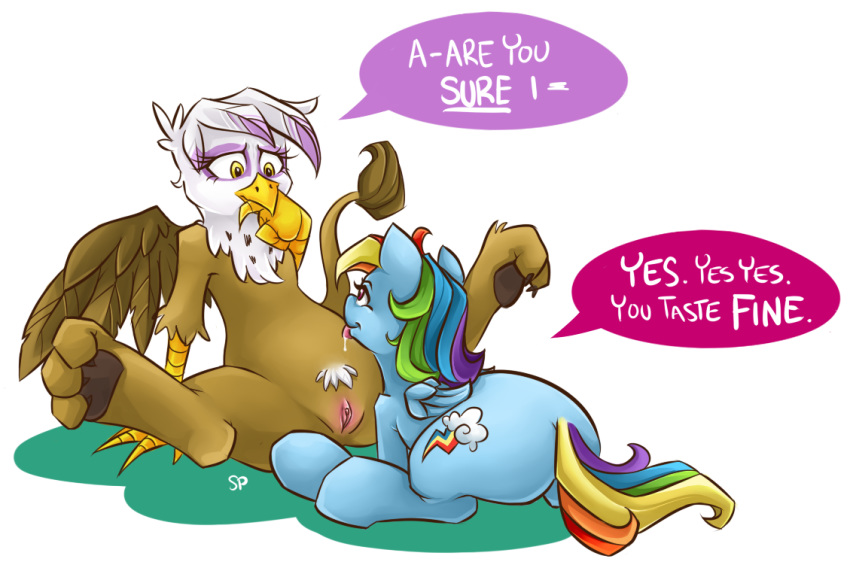 2013 avian beak cunnilingus dialog duo embarrassed equine female friendship_is_magic gilda_(mlp) gryphon horse interspecies licking mane my_little_pony nude oral oral_sex paws pony pussy rainbow_dash_(mlp) saliva sex signature speech_bubbles spread_legs spreading stoney-pony straight_hair text tongue tongue_out vaginal_penetration wings yuri