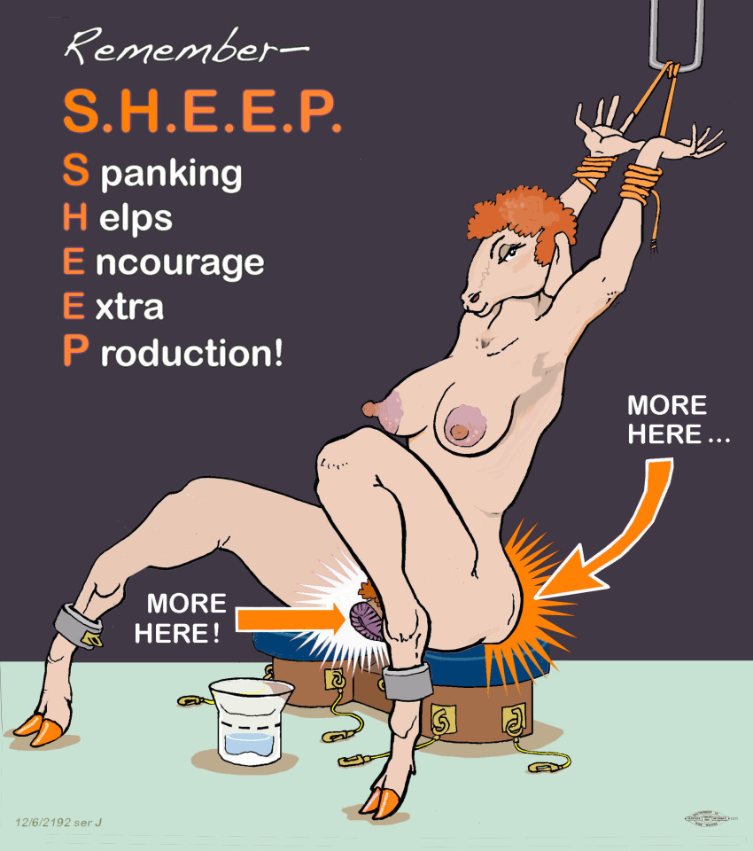 acronym ankle_cuffs bondage bonds bound breasts drafthorse female funnel_beaker goat hooves long_legs nipples painted_hooves poster pubic_hair pussy pussy_juice rope sheep shugr spanking