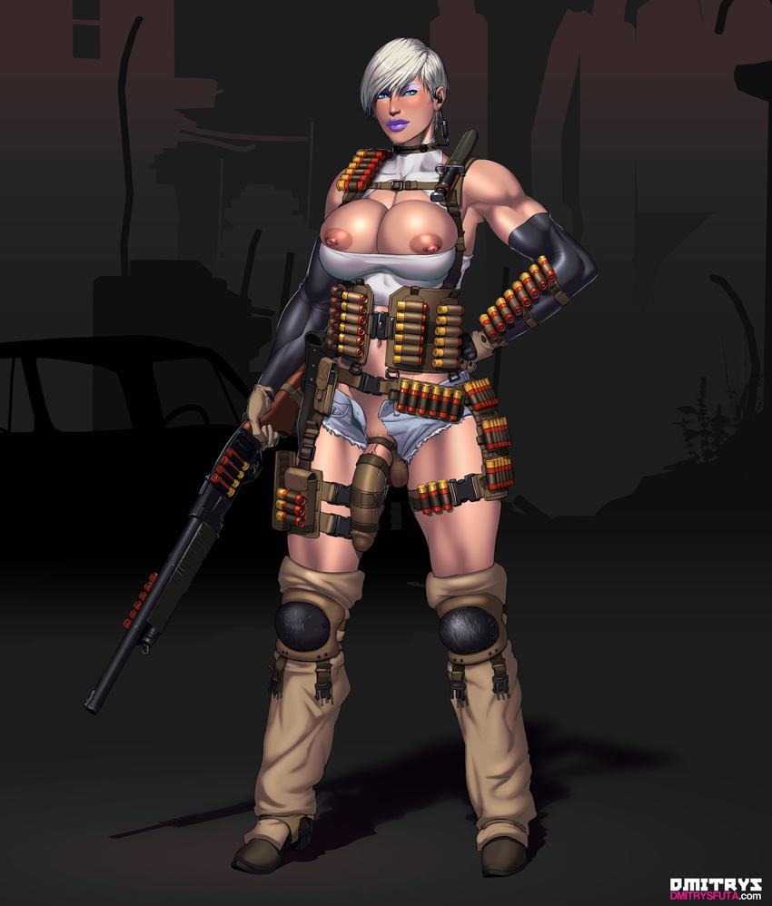 1futa ammunition areolae balls breasts clothing color curvy dmitrys erect_nipples flaccid futa_only futanari gun huge_breasts human human_only intersex knee_pad knife large_penis meryl_(dmitrys) muscular_futanari nipples penis penis_out short_shorts shorts shotgun solo solo_futa tactical_gear weapon