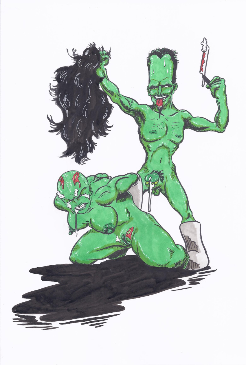 1boy 1girls ben1804 big_breasts blood breasts cum cum_dripping cuts female green_skin hulk_(series) humiliated leader_(character) male marvel marvel_comics naked_male nipples nude nude_female penis pubic_hair rape shaved_head shaved_pussy she-hulk straight testicles