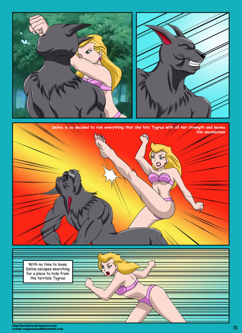 anthro batman:_the_animated_series batman_(series) big_breasts blonde_hair bra catwoman_(dcau) comic dc dc_comics dcau deviantart_username dialog email_address english_text feline female fur furry green_eyes hair humiliation locofuria male muscles page_12 page_number panties selina_kyle straight_hair text transformation tygrus_(character) underwear yellow_eyes