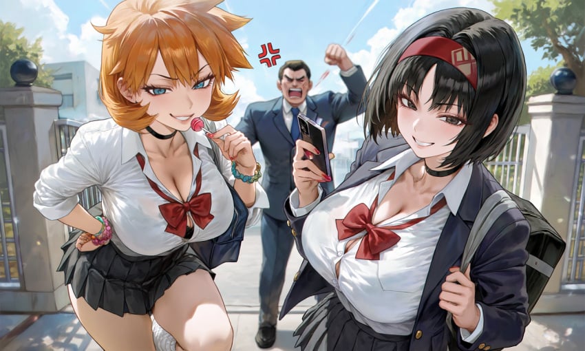 misty_(pokemon) erika_(pokemon) misty_(pokemon_hgss) kasumi_(pokemon) pokemon ai_generated bag black_bra black_choker black_clothes black_skirt black_underwear blue_jacket bow bowtie bra bracelet bra_visible_through_clothes choker clothing collared_shirt footwear hairband headband headwear jacket jewelry long_sleeves necktie neckwear pleated_skirt red_bow red_bowtie red_hairband red_headband red_neckwear school_uniform scrunchie see-through shirt skirt socks underwear uniform white_shirt wrist_scrunchie anger_vein black_eyes black_hair blue_eyes breasts busty cleavage female grin large_breasts male orange_hair short_hair thighs hand_on_hip hand_on_own_hip open_mouth smile angry holding holding_food holding_lollipop holding_object holding_phone looking_at_viewer candy cellphone food holding_candy lollipop phone school_bag smartphone cloud 1boy 2girls day landscape multiple_girls outdoors sky