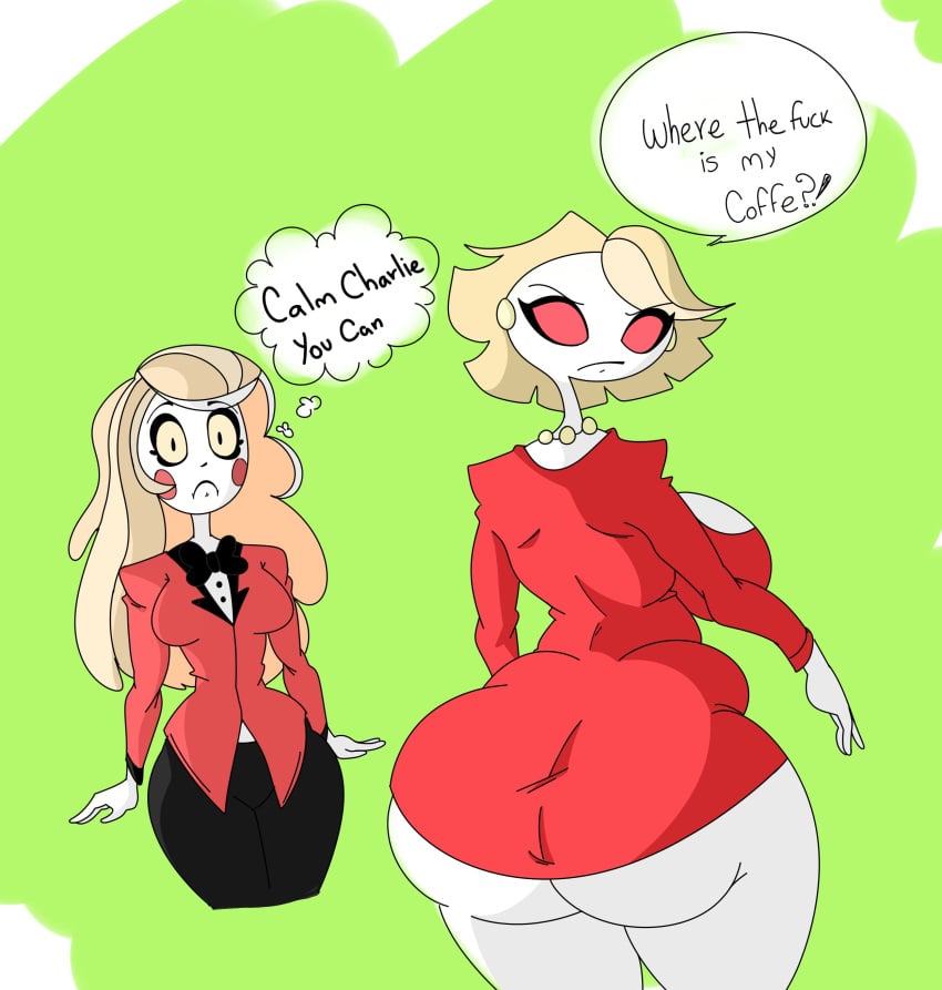 2demons 2girls ass big_ass big_breasts big_butt blonde_hair blush charlie_morningstar_(hazbin_hotel) cleavage dialogue eyebrows eyelashes fat_ass female female_only hazbin_hotel katie_killjoy large_ass large_breasts looking_back red_eyes sideboob text thedomely thick_thighs thighs white_body white_skin wide_hips