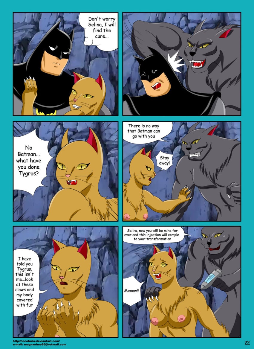 anthro batman batman:_the_animated_series batman_(series) breasts catwoman_(dcau) claws comic dc dc_comics dcau deviantart_username dialog dialogue email_address english_text feline female fur furry locofuria male muscles nipples nude page_22 page_number pointy_ears pussy selina_kyle speech_bubble text transformation tygrus_(character) werecat werecat_selina whiskers yellow_eyes