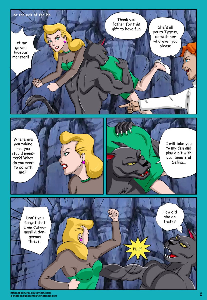 anthro batman:_the_animated_series batman_(series) blonde_hair catwoman_(dcau) comic dc dc_comics dcau deviantart_username email_address english_text feline female fur furry green_eyes hair locofuria muscles page_2 page_number selina_kyle speech_bubble straight_hair tygrus_(character) yellow_eyes