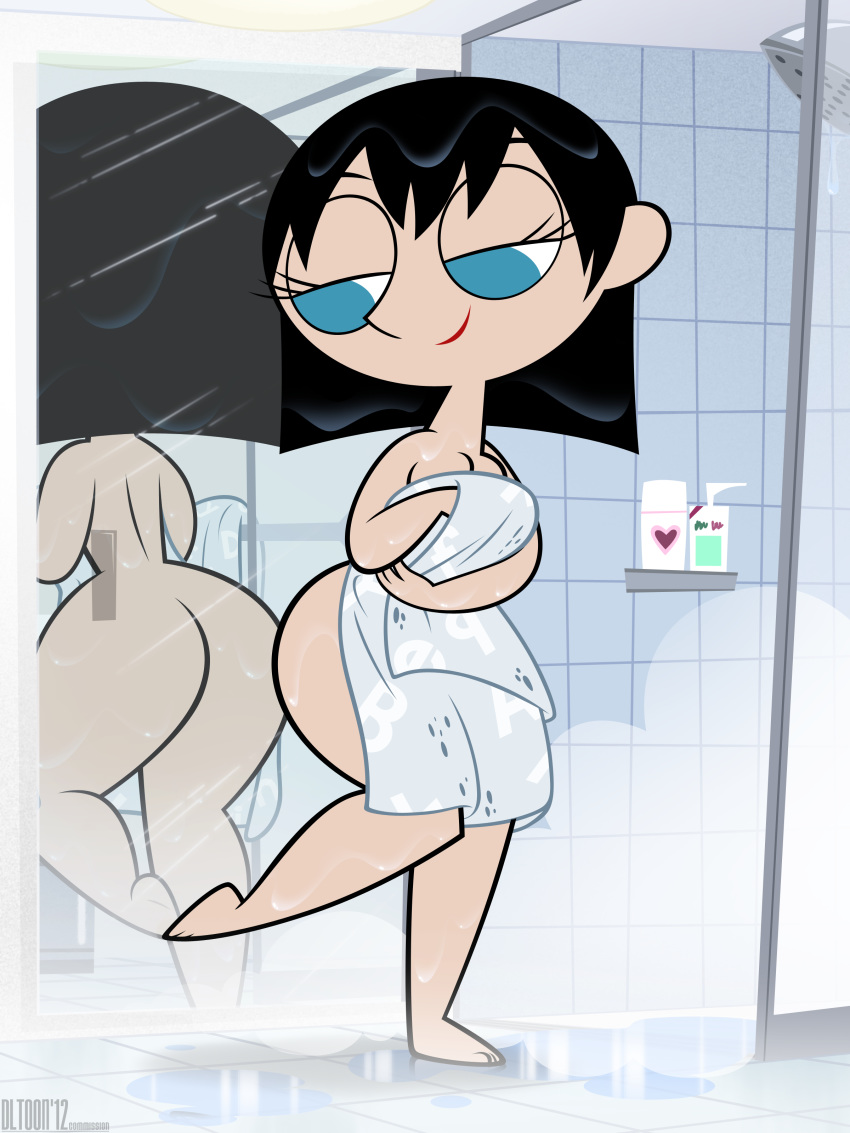 1girls after_shower ass bathroom black_hair blue_eyes bob_cut breasts bubble_butt casual cleavage dlt female hyper_eyes lipstick looking_back looking_down ms._keane nude powerpuff_girls red_lipstick shampoo short_hair shower smile solo steam teacher thick thick_ass thick_thighs thighs towel towel_only water wet wide_hips