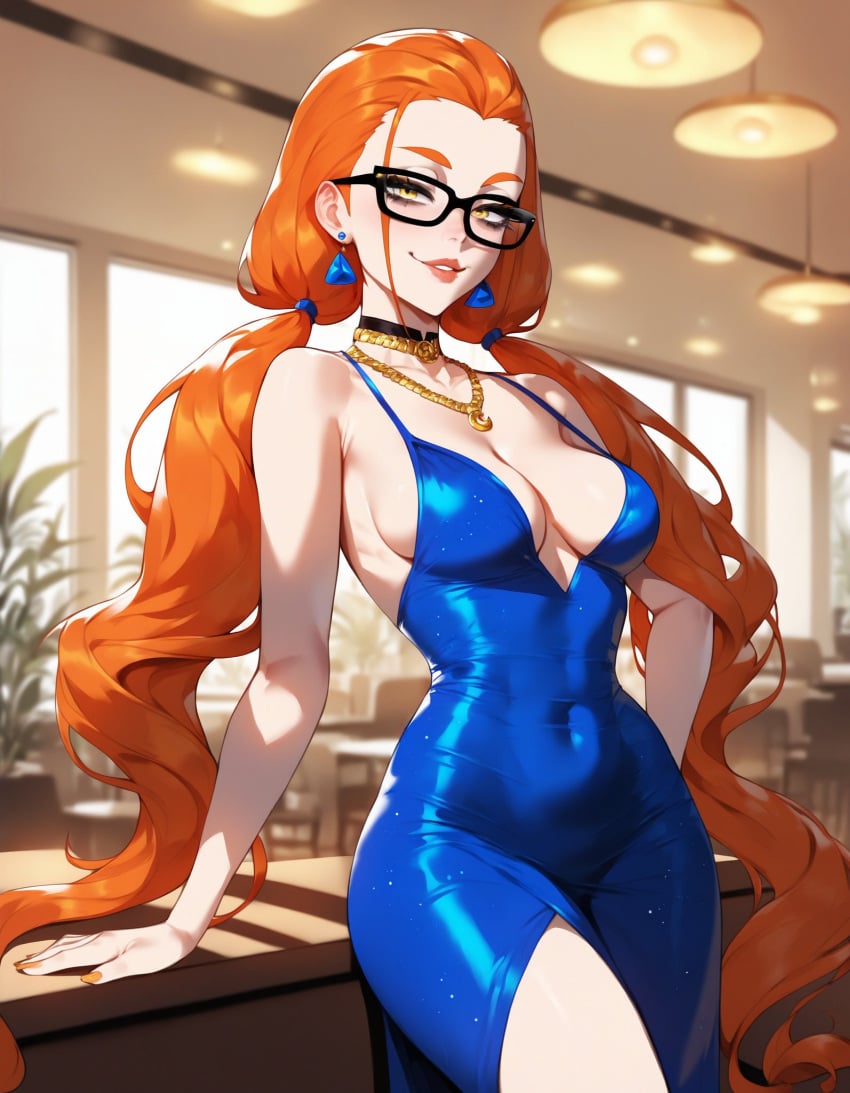 1girls ai_generated artstyle_imitation asian_female ass bangs_over_eyes bedroom big_breasts blue_dress breasts choker evening_dress eyelashes eyeshadow glasses goddess gold_eyes gold_jewelry hakaishinkalasharts hourglass_figure jewelry kalash light-skinned_female long_hair low_twintails messy naughty naughty_face naughty_smile night orange_hair pale-skinned_female red_hair seductive seductive_look straight_hair thiccwithaq_(ai_style) thick_ass thick_legs thick_lips thick_thighs thighs thong twintails xandr yellow_eyes