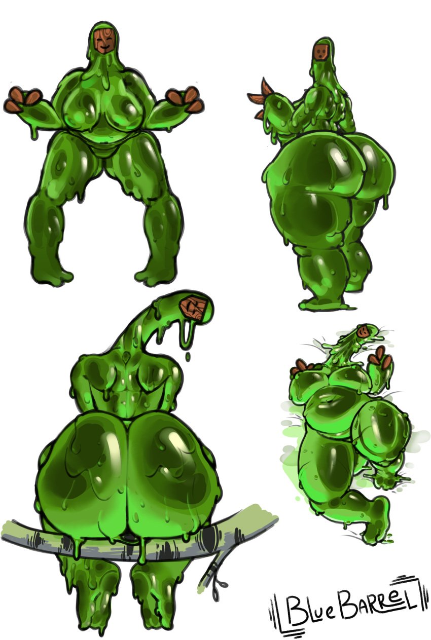 absurd_res anthro ass belly big_breasts big_butt bluebarrel breasts female food food_creature goo_creature green_body hi_res humanoid jelly_creature look_at_camera looking_back lying mature_female monster slightly_chubby slightly_chubby_female smile solo thick_thighs xenophilia