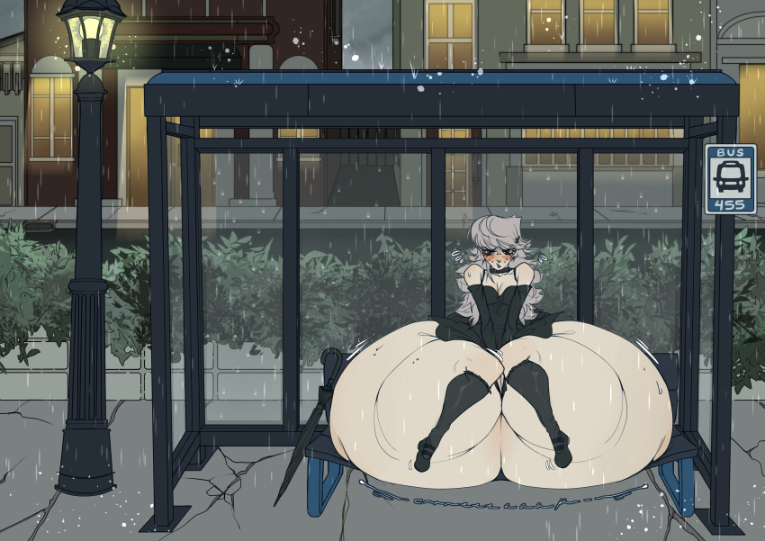 1girls ass_bigger_than_head ass_bigger_than_skirt ass_bigger_than_torso ass_body breaking_bench bursting_butt bus_stop embarrassed fat_ass heavy hyper hyper_ass massive_ass solo_female tagme velvet_bambi