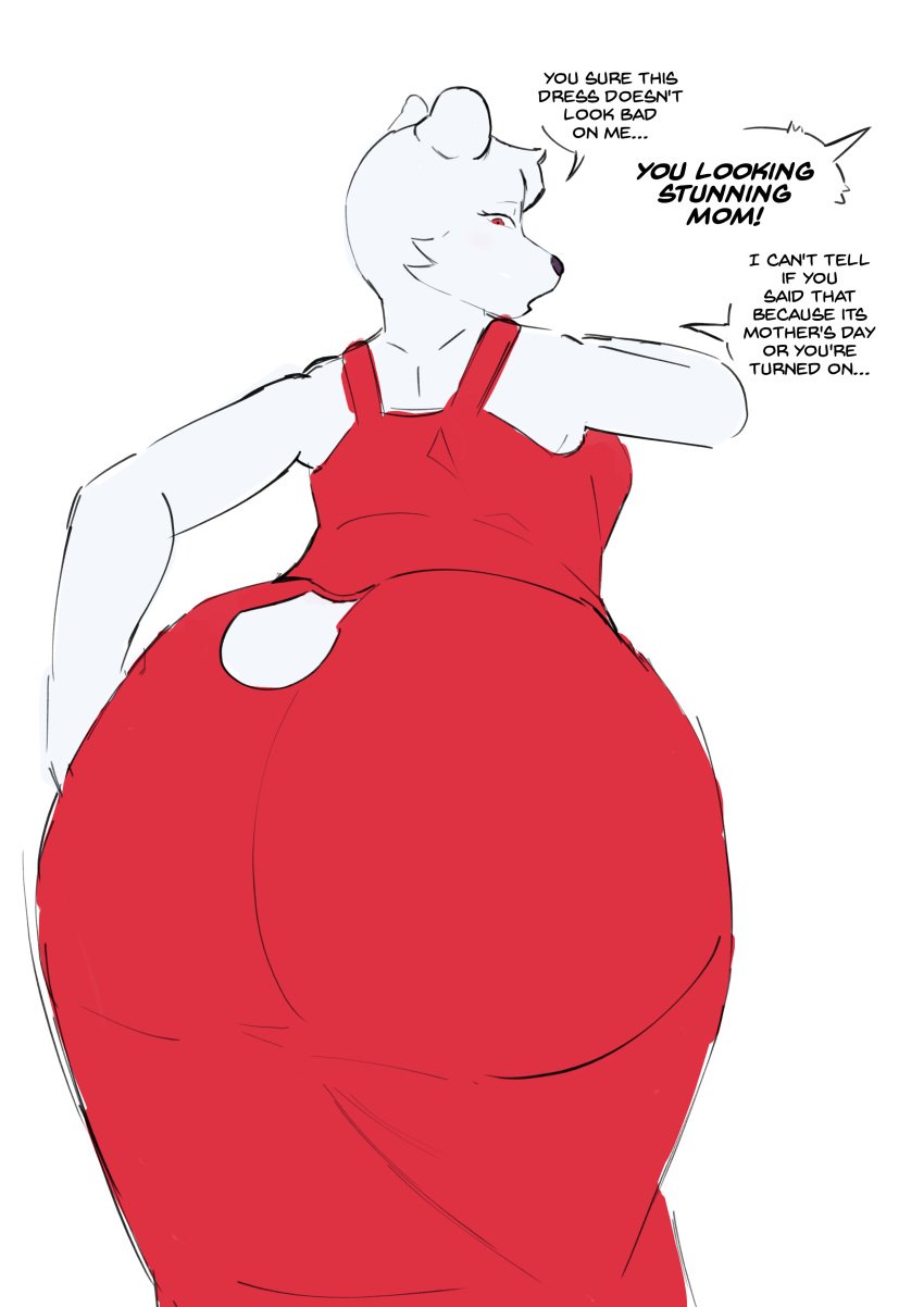 anthro ass_focus bear bear_girl big_ass big_butt dress english_text female furry red_dress red_eyes rubikfish text