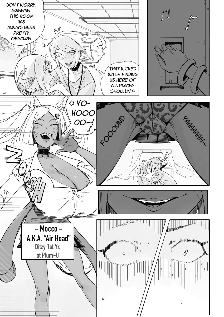 1boy 2girls big_breasts breasts cat_ears cat_girl cat_tail catgirl cleavage comic dark-skinned_female dark_skin dialogue english english_text female_pred gyaru huge_breasts large_breasts leopard_print leopard_print_panties mean_pred monochrome musical_note original original_character original_characters page_2 panties pantyshot rasha_(artist) school_uniform smile tan_skin text text_bubble voluptuous voluptuous_female vore_comic white_hair