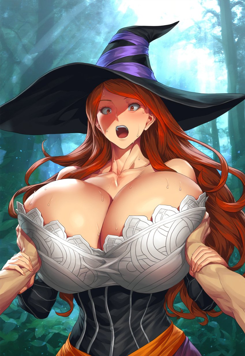 ai_generated breast_grab breasts breasts_bigger_than_head bulging_breasts cleavage clothed clothed_female dragon's_crown fondle fondling fondling_breast forest forest_background gigantic_breasts grabbing_arm grope groping huge_breasts long_hair massive_breasts pov round_breasts sexual_harassment shocked sorceress_(dragon's_crown) surprised surprised_expression sweat sweatdrop thin_waist witch witch_hat