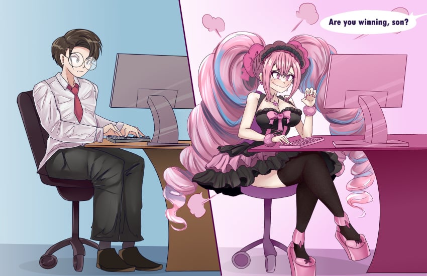 1boy are_ya_winning_son are_ya_winning_son? big_breasts drill_hair english_text gamer_girl gender_transformation genderswap_(mtf) glasses high_heels lolita_fashion male_to_female original original_character pantyhose pink_eyes pink_hair platform_heels rule_63 slemka sweat text thick_thighs transformation twintails