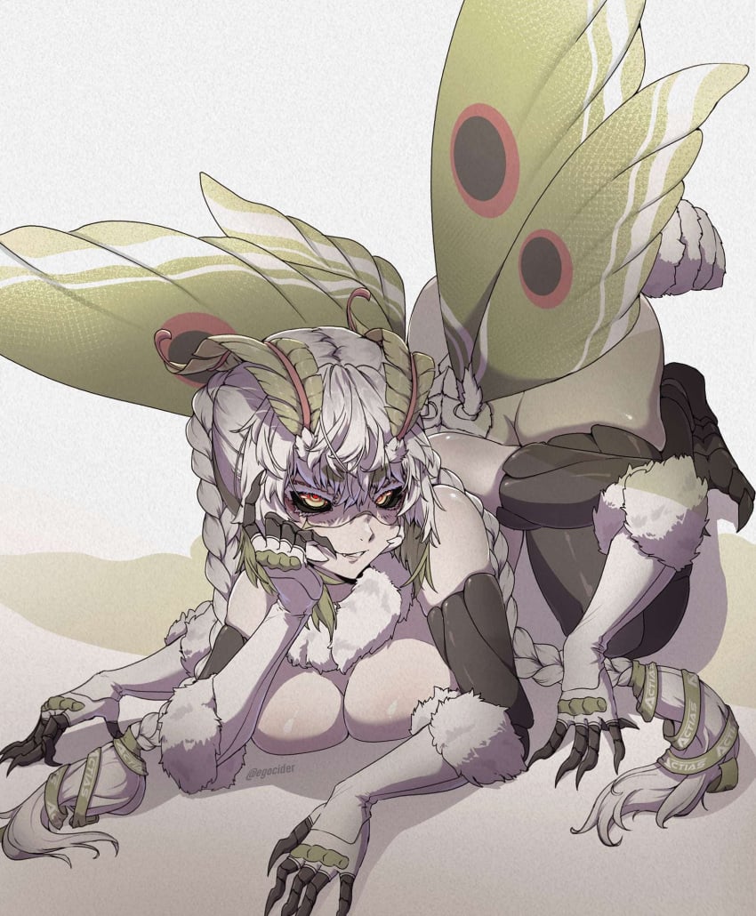 black_sclera breasts bug_girl chitin cute egocider hand_on_face indie_virtual_youtuber insect_girl insect_humanoid juniper_(egocider) juniper_actias laying_down monster_girl moth_girl multi_arm multi_limb smiling suggestive suggestive_look virtual_youtuber vtuber white_hair wings