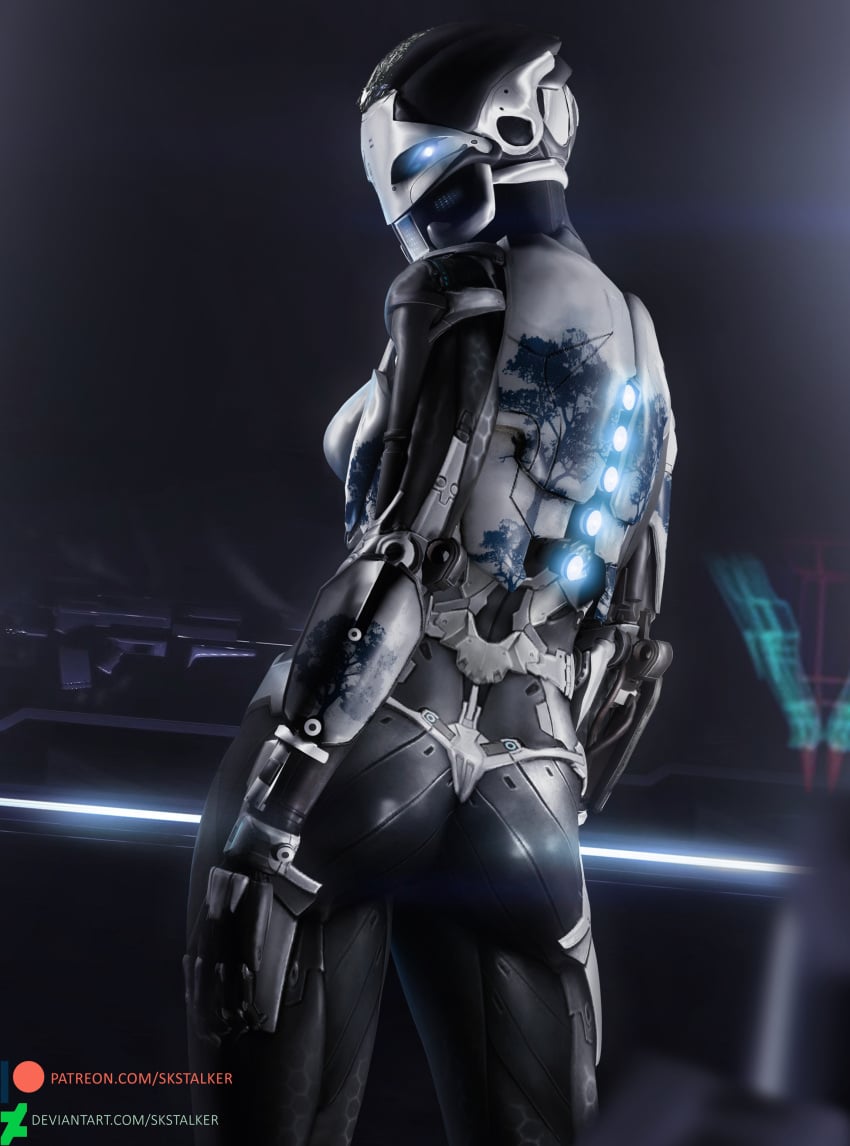 1girls 3d 3d_(artwork) ada-1 android ass black_body blue_eyes breasts bungie destiny_(game) destiny_2 exo female female_only glowing_eyes glowing_markings gun gynoid hi_res high_resolution highres looking_at_viewer looking_back looking_back_at_viewer presenting presenting_hindquarters ranged_weapon robot robot_girl skstalker solo solo_female tagme two_tone_body weapon