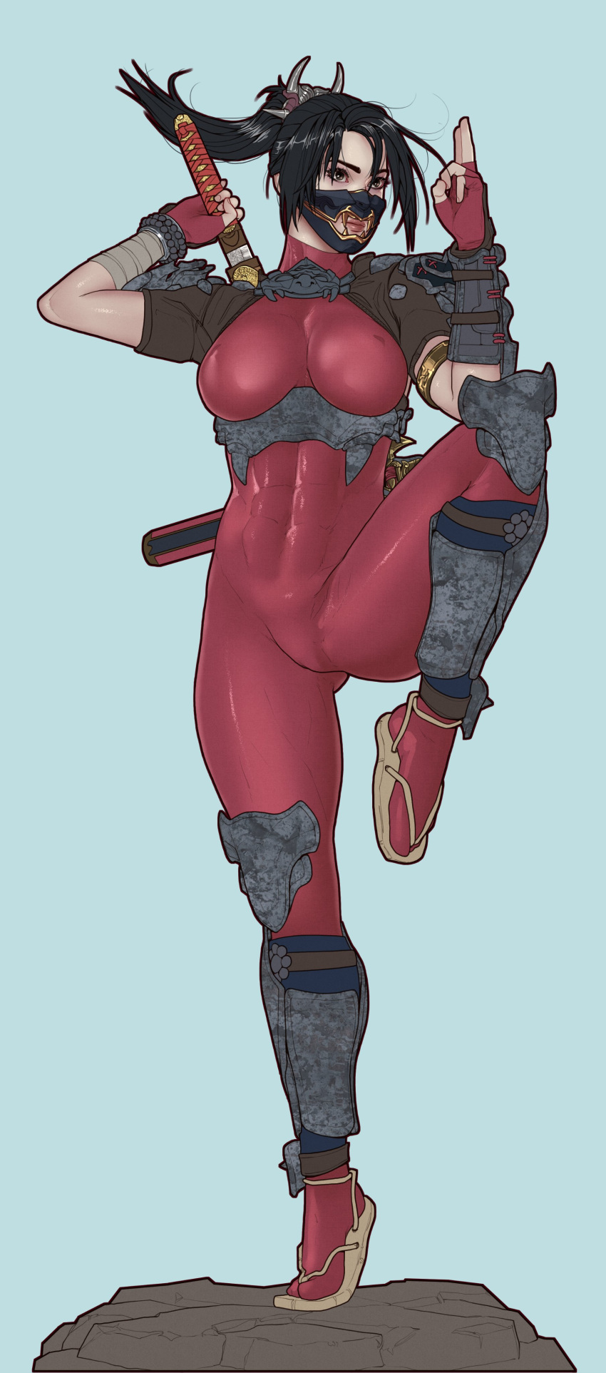 1girls 2023 abs bodysuit female female_only galaad1800 large_ass large_breasts leg_up light-skinned_female muscular_female nipple_bulge sandals skin_tight solo solo_female soul_calibur sword taki thick_thighs wide_hips