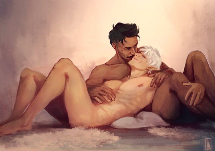 2boys artist_signature bara beauty_mark black_hair closed_eyes completely_nude cuddling dark-skinned_male dark_hair dark_skin dorian_pavus dragon_age dragon_age_inquisition duo elf elf_ears elf_male face_tattoo facial_hair fael_lavellan gay gay_male holding_hands human inquisitor_(dragon_age) interlocked_fingers kissing kurogoesinthedas light-skinned_male light_skin looking_pleasured lying lying_down mage male male/male male_only mole moustache naked naked_male nipples nude nude_male pointy_ears romantic tattoo tattoos video_games white_hair yaoi