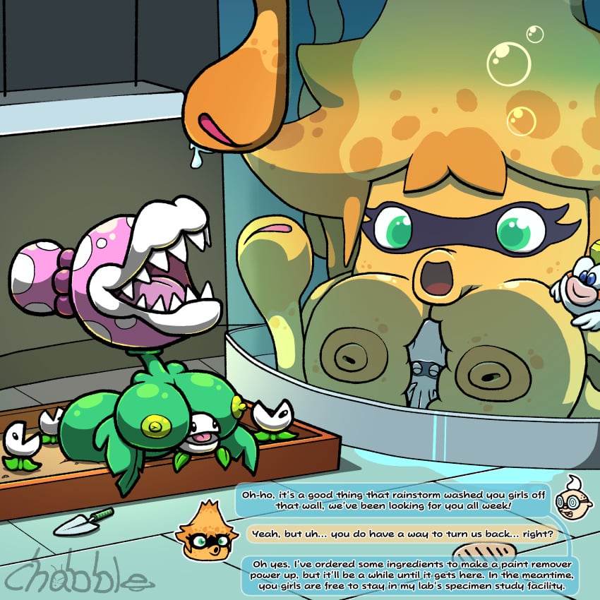 blooper chabble cheep_cheep english_text fish gooper_blooper green_body green_nipples mario_(series) nipper_plant nipples no_hair piranha_plant plantie post_transformation princess_daisy professor_e._gadd super_mario_bros. super_mario_sunshine text toadette