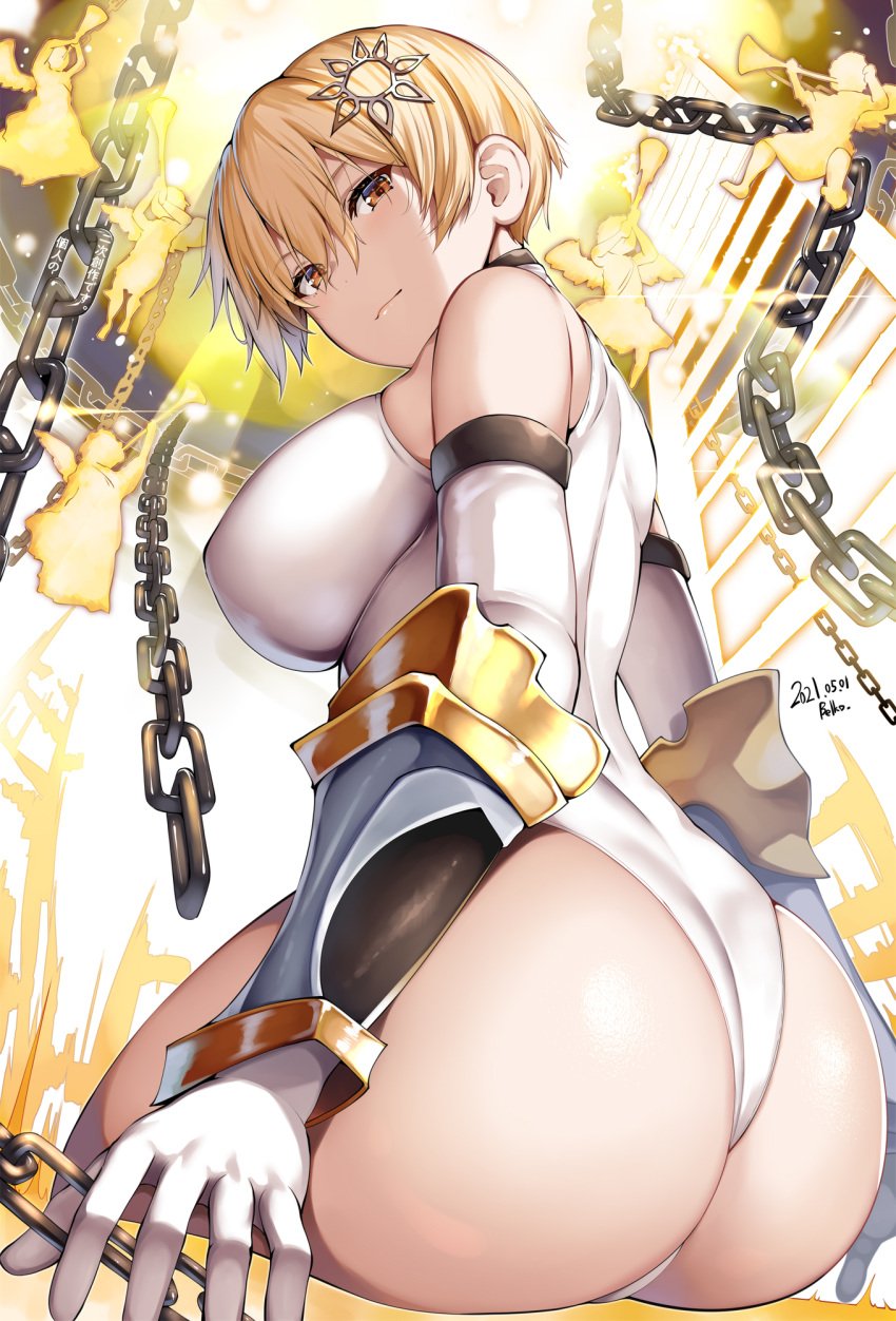 alva_(sennen_sensou_aigis) ass back bare_shoulders belko blonde_hair blush bracer breasts chains elbow_gloves female gloves hair_ornament highleg highleg_leotard highres large_breasts leotard looking_at_viewer looking_back sennen_sensou_aigis short_hair sitting smile solo thighs white_gloves white_leotard yellow_eyes