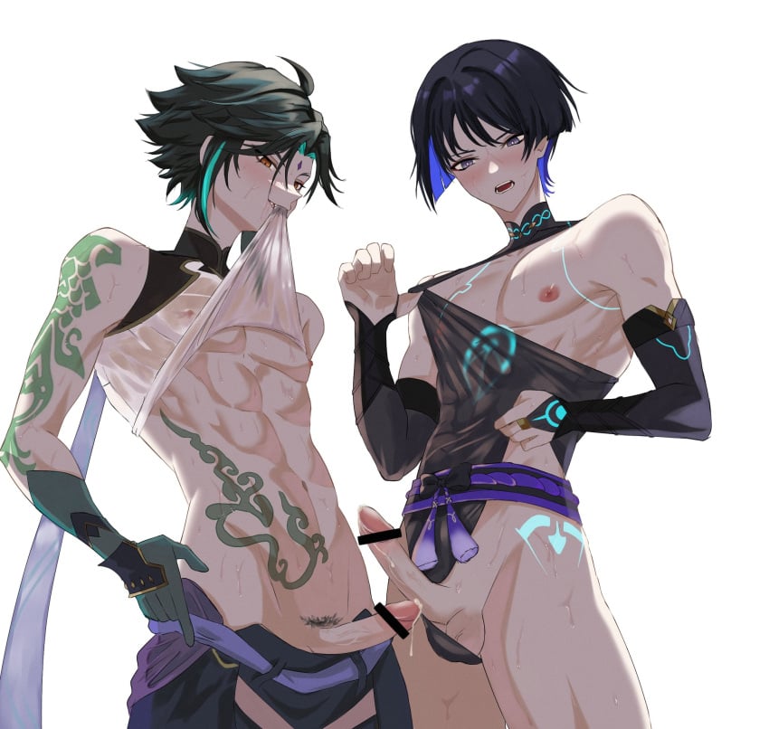 2boys abs arm_tattoo bar_censor black_hair black_sleeves blue_hair censored clothes_lift didin_ed duo erection facial_mark forehead_mark gay genshin_impact gloves green_gloves green_hair hair_between_eyes highres japanese_clothes male_focus multicolored_hair multiple_boys muscular muscular_male nipples open_clothes open_mouth open_shirt penis pubic_hair purple_eyes scaramouche_(genshin_impact) shirt_lift short_hair stomach_tattoo tattoo testicles wanderer_(genshin_impact) white_background xiao_(genshin_impact) yaoi yellow_eyes