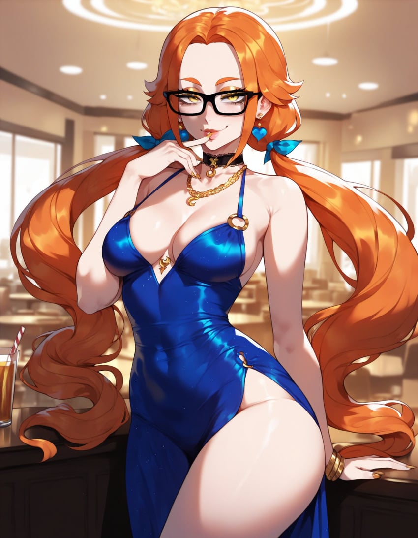 1girls ai_generated artstyle_imitation asian_female ass bangs_over_eyes bedroom big_breasts blue_dress breasts choker evening_dress eyelashes eyeshadow glasses goddess gold_eyes gold_jewelry hakaishinkalasharts hourglass_figure jewelry kalash light-skinned_female long_hair low_twintails messy naughty naughty_face naughty_smile night orange_hair pale-skinned_female red_hair seductive seductive_look straight_hair thiccwithaq_(ai_style) thick_ass thick_legs thick_lips thick_thighs thighs thong twintails xandr yellow_eyes