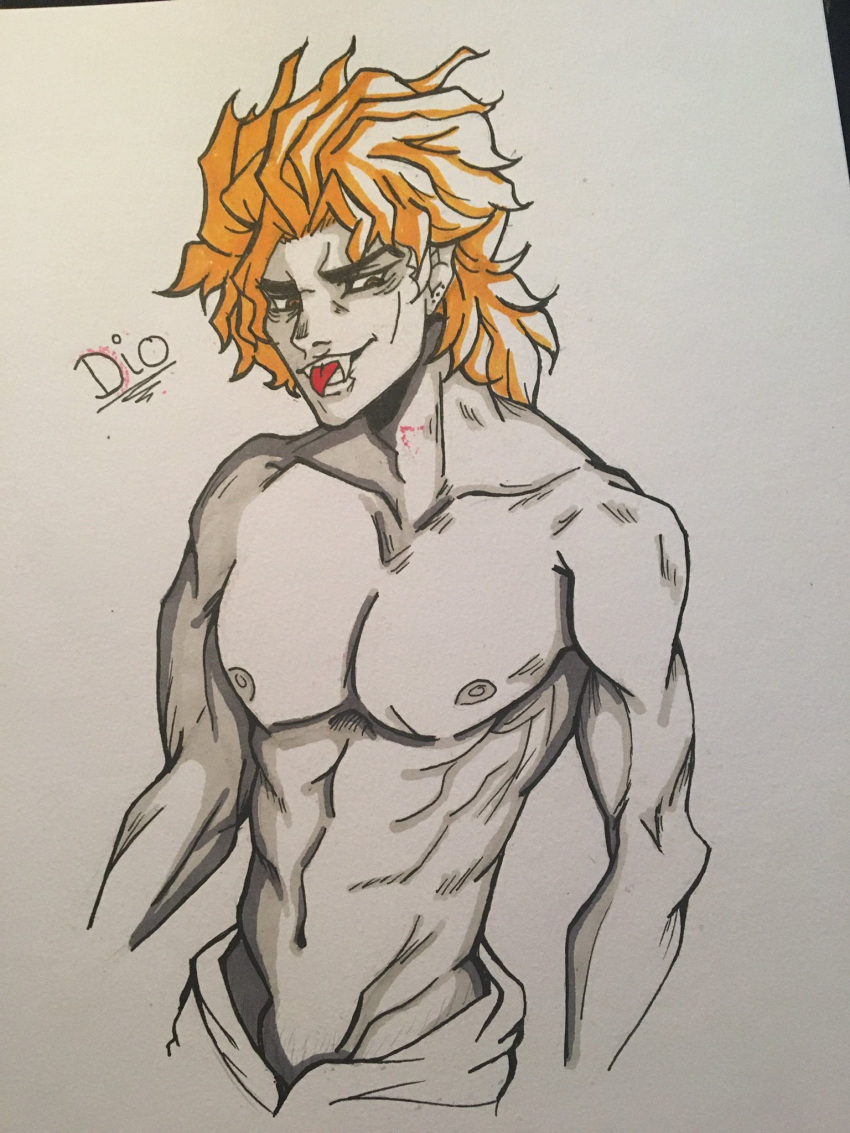 1boy barely_visible_genitalia barely_visible_penis character_name dio_brando fangs jojo's_bizarre_adventure male male_only muscular_male rainbowbanana19 stardust_crusaders traditional_media_(artwork) vampire