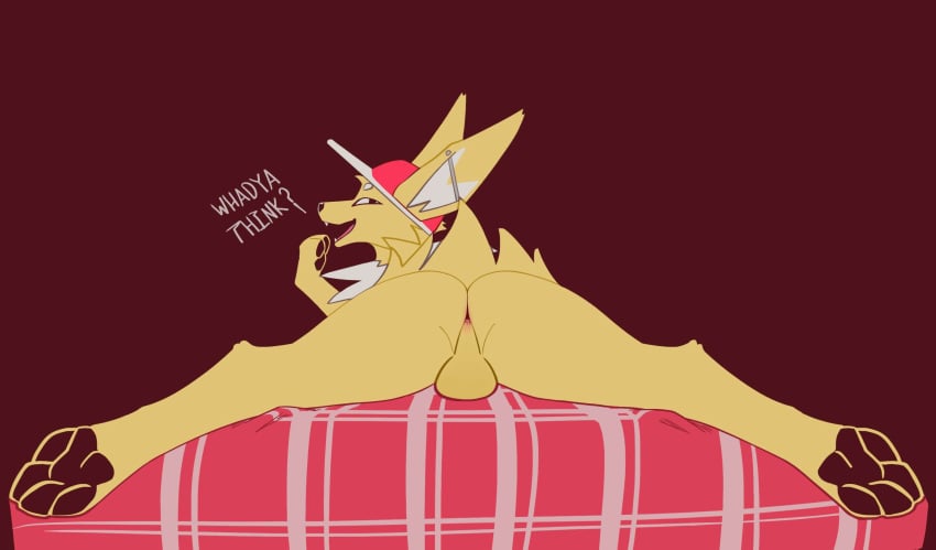 anus ass backsack balls bed canid canine clothing ear_piercing eeveelution fan_character furniture generation_1_pokemon genitals hat headgear headwear hi_res industrial_piercing jolteon looking_at_viewer looking_back looking_back_at_viewer lying lying_on_bed male mammal nintendo on_bed on_front open_mouth paws piercing pokemon pokemon_(species) presenting presenting_hindquarters solo spread_legs spreading teeth text tongue witseoc