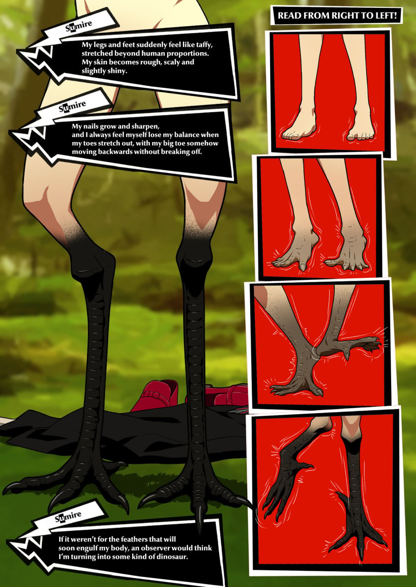 barefeet barefoot bird bird_feet bird_legs completely_naked completely_naked_female completely_nude completely_nude_female crane crane_(bird) deliciousunagi dialog dialogue dialogue_box dialogue_bubble feet foot_fetish foot_focus foot_transformation forest naked naked_female nude nude_female persona persona_5 read_from_right_to_left species_transformation sumire_yoshizawa tagme text text_box text_bubble text_focus transformation transformation_sequence trees woods
